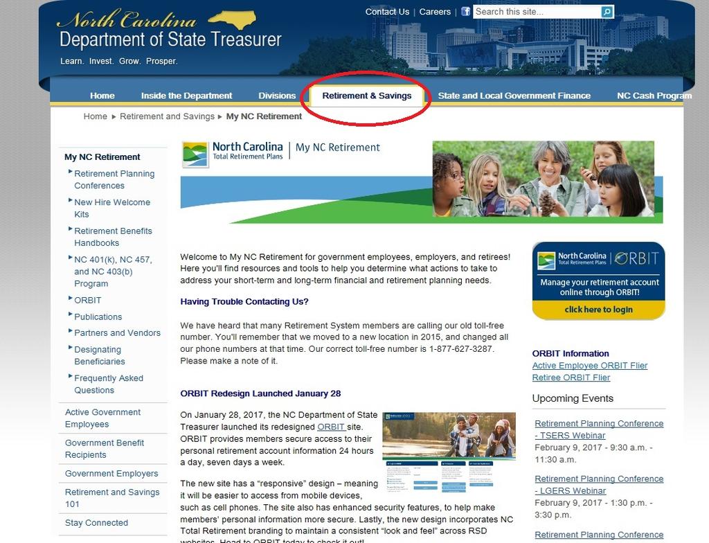 1.3 ORBIT BASICS Menu and Navigation Step 1--Employers can access the Employer Self Service application page via the Department of State Treasurer s website: www.nctreasurer.com.