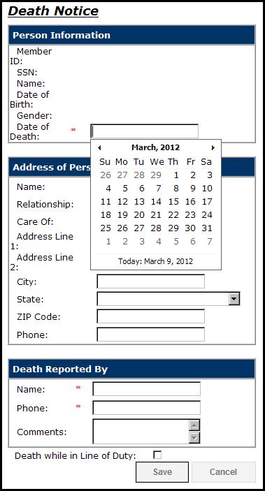Step 5 Select the date of death by clicking in the Date of Death box, the Calendar pop up will appear defaulting to the current month. Use the left and right arrows to scroll to a different month.