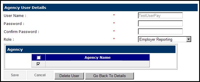 To navigate back to the Agency User Details page without making changes, scroll down to the bottom of the screen and click or before clicking. Or click to reset the password.
