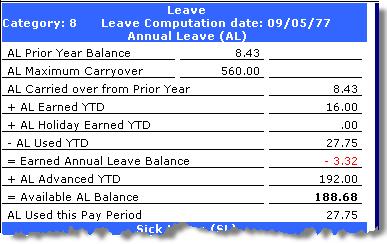 Annual Leave (AL) Section: This section displays the employee s current Annual Leave information. AL Prior Year Balance: Annual leave balance at the end of the previous leave year.