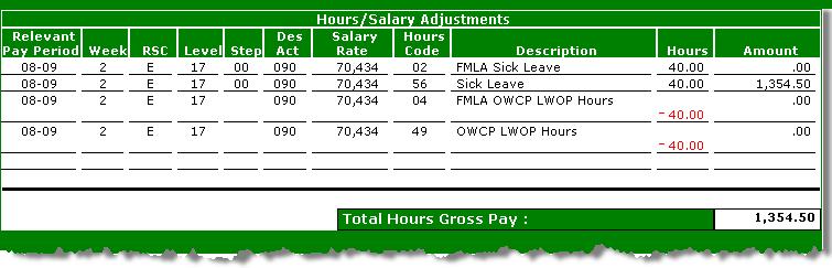 Hours / Salary Adjustments The Hours / Salary Adjustments section contains the following information. Relevant Pay Period: The pay period and the year relative to this adjustment.