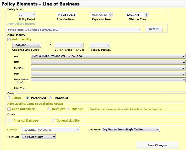 TOPIC B-3 Policy Elements screen This screen lists all of the coverages available on a policy.