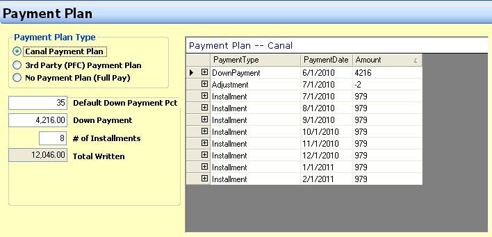 TOPIC B-10 Payment Plan Options Screen There are some new features to the payment plans offered by Canal. Payment Plan Type is required.