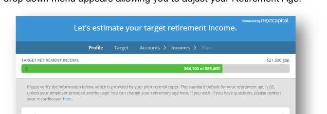 Change my planned retirement age? In the Profile section, click on the Retirement Age bar with the pencil icon.