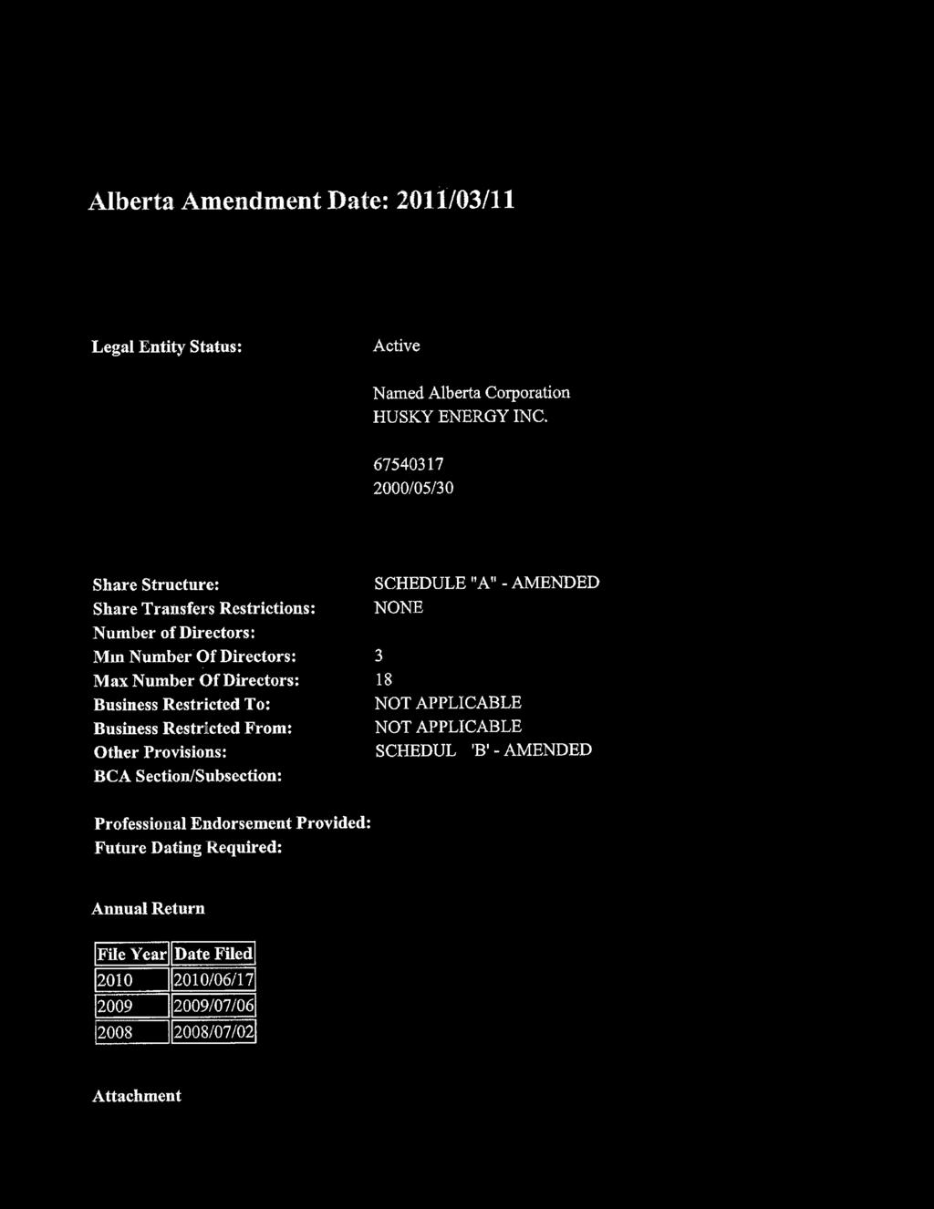 Name/Structure Change Alberta Corporation - Registration Statement Alberta Amendment Date: 2011/03/11 Service Request Number: 16050031 Corporate Access Number: 208858944 Legal Entity Name: HUSKY