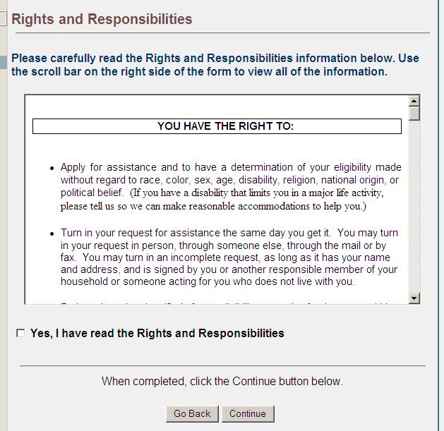 Rights and Responsibilities The customer must use the scroll bar to read the entire