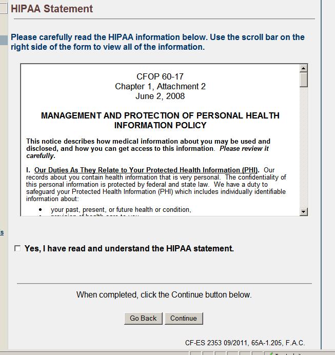 HIPAA The customer must use the scroll bar to read the
