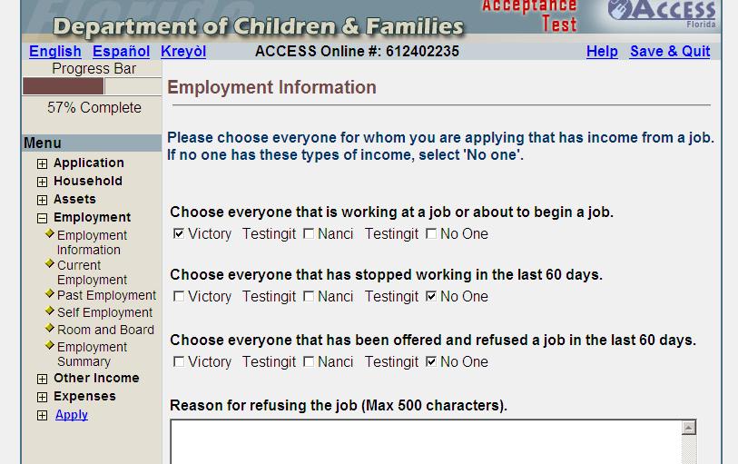 Employment Information Based on the entries made on the Household