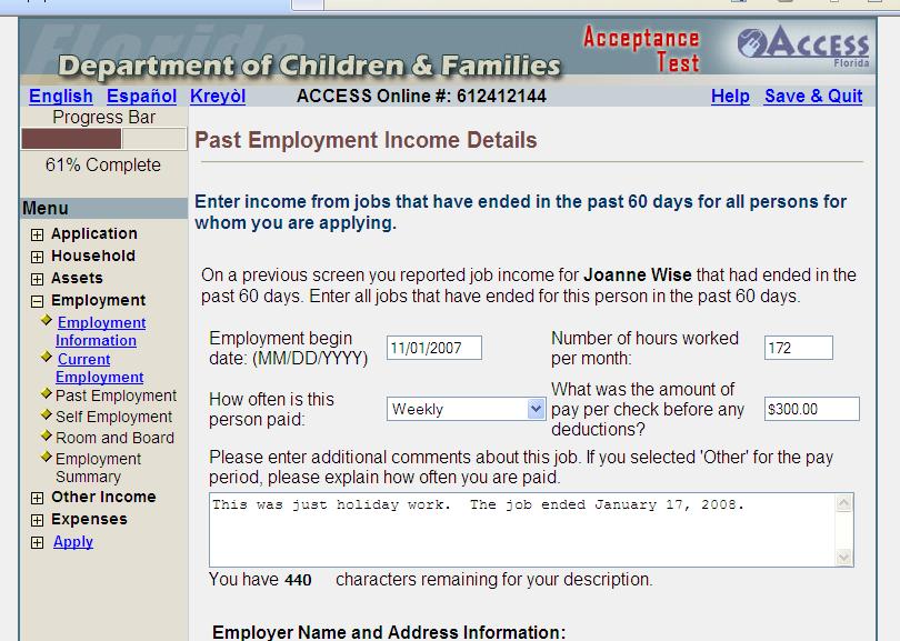 Past Employment Income Details Detailed information regarding past