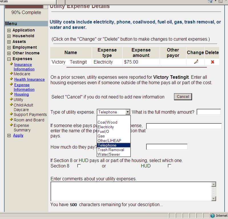 The drop down box provides options for Type of utility expense.