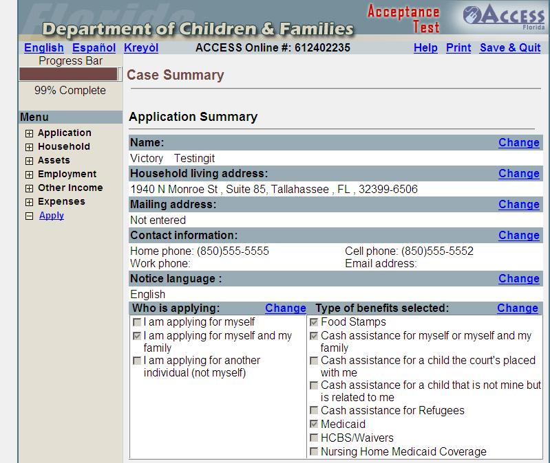 Case Summary Application Summary A summary of all information entered will be displayed.