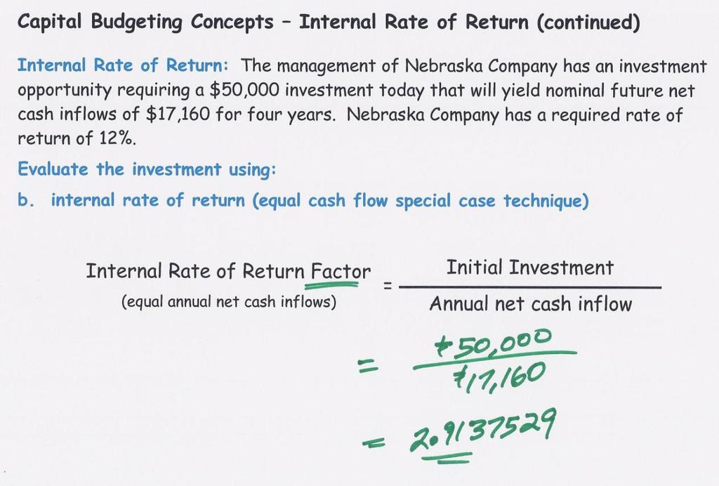 [Clip 20c] Internal Rate of Return Equal Cash Flows Special Case Approach Capital Budgeting Concepts Internal Rate of Return (continued) Internal Rate of Return: The management of Nebraska Company