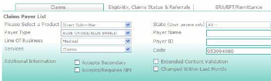 Viewing the Claims Payer List 10 Viewing the Claims Payer List: In the example below, we have selected the Claims button and populated the