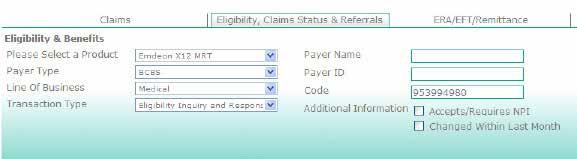 Viewing the Eligibility Payer List 11 Viewing the Eligibility Payer List: In the example below, we have selected the Eligibility, Claims Status & Referrals button