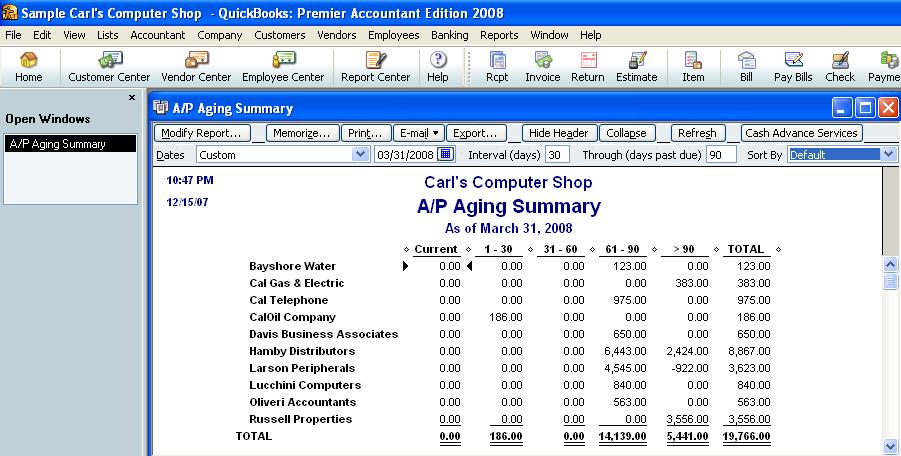 ACCOUNTS PAYABLE ERROR ERROR & SYMPTOMS Common error: Client enters bills, and then writes checks Primary Indication: The AP Aging Reports shows many very old bills Supplemental Symptoms: o o o