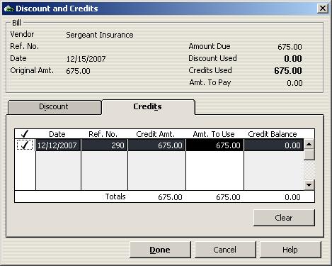 Step 2 Link Check to Bill QUICKBOOKS: PREMIER ACCOUNTANT EDITION 2008: Vendors > Pay Bills > Single click on the bill to be linked > Set Credits