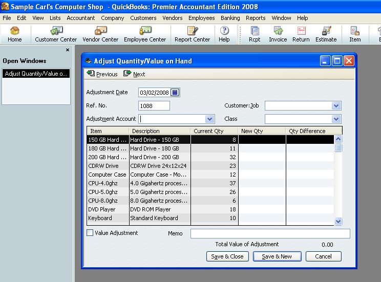 ADJUST QUANTITY/VALUE ON HAND Once the actual count has been completed, the inventory quantities can be adjusted through QuickBooks by using the adjust qty/value on hand option.