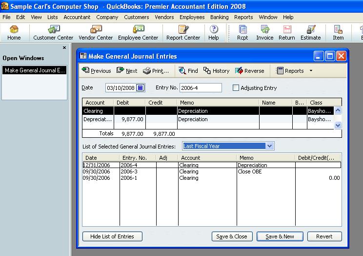 QUICKBOOKS: PREMIER ACCOUNTANT EDITION 2008: Company > Make Journal Entries Each transaction is recorded in the general ledger via journal entries.