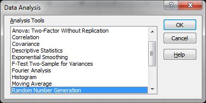 The Random Number Generation dialog box will appear. If you want one column of random numbers, type 1 in the Number of Variables box, then press Tab.