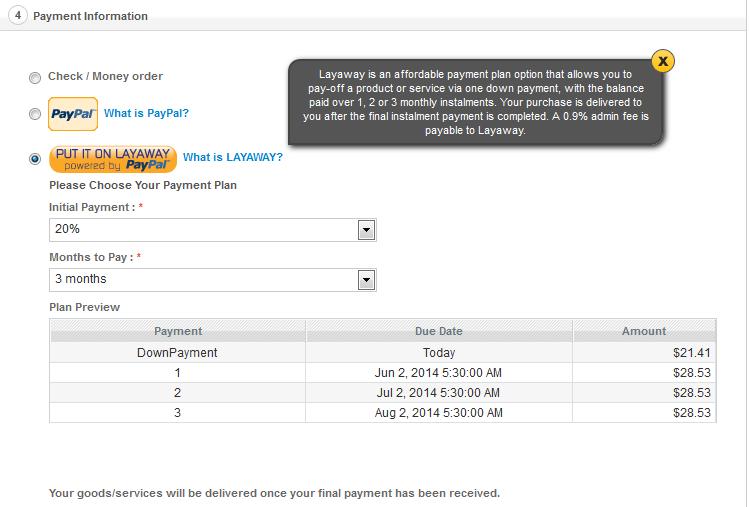 3. Use as Payment Option At Checkout Page in Magento Front-end: Payment Information Step Layaway Payment method is appear in checkout step when a buyer checkout the order.