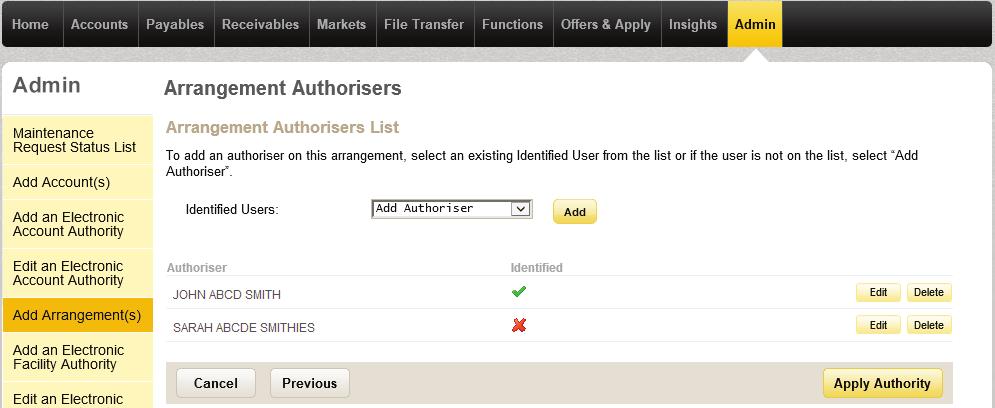 7. The Arrangement Authorisers page is displayed with the new Authoriser listed. You can Edit details of an Authoriser or Delete an existing Authoriser.