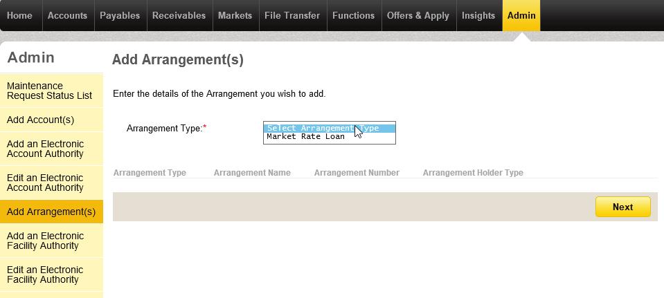 3. On the left menu, click Add Arrangement(s). The Add Arrangement(s) page is displayed.
