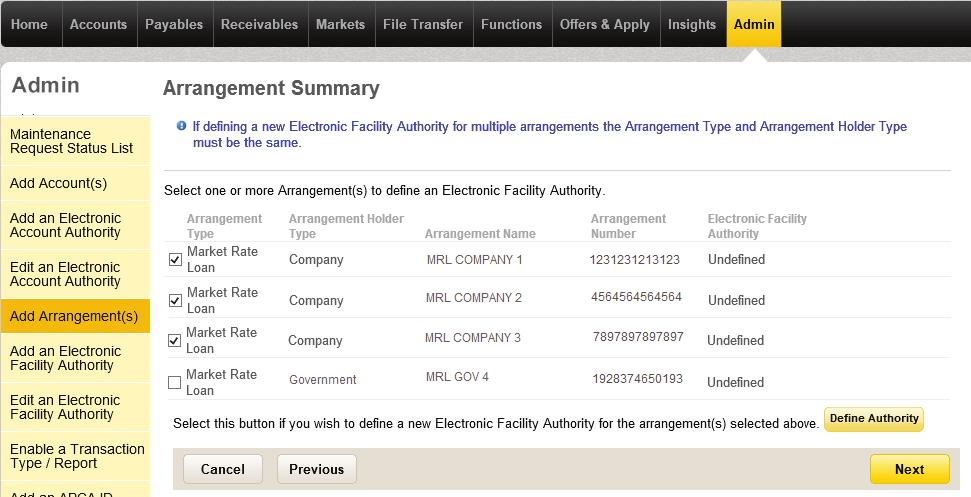 II. Define an Electronic Facility Authority 1. To define a new authority for a specific Arrangement, tick the ü checkbox next to the Arrangement(s) and click Define Authority.