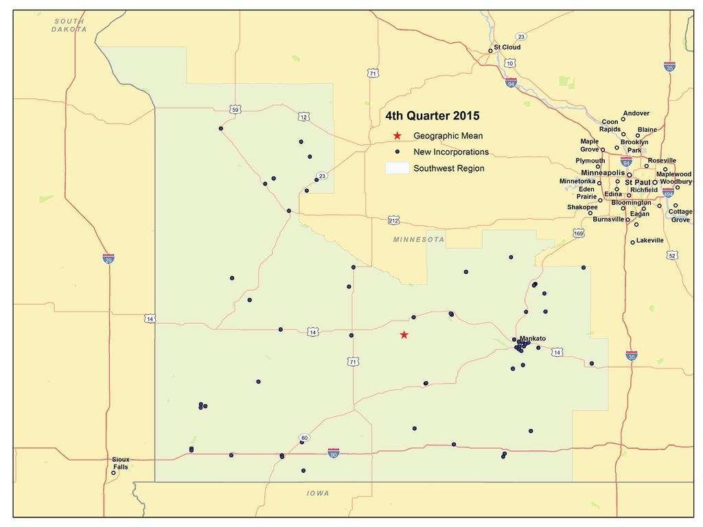 Business Filings The second map shows new incorporations in the Southwest Minnesota planning area.