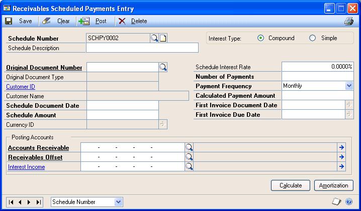 PART 2 TRANSACTION ENTRY 2. In the New group or its overflow menu, choose Scheduled Payments to open the Receivables Scheduled Payments Entry window. 3. Enter a schedule number and description. 4.
