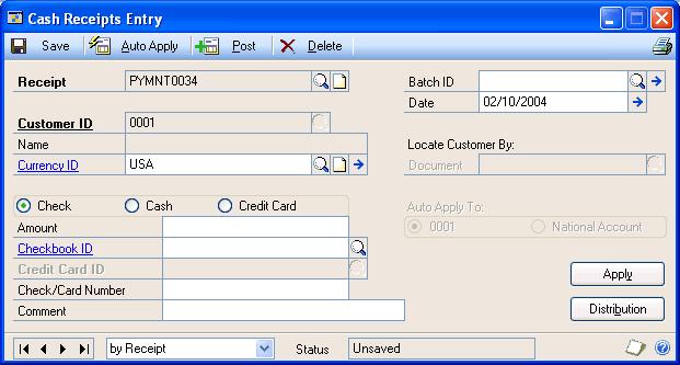 PART 2 TRANSACTION ENTRY Entering a cash receipt Use the Cash Receipts Entry window to record payments received from your customers. You can apply payments to specific documents.