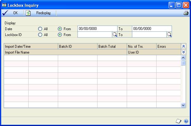 Viewing lockbox import activities Use the Lockbox Inquiry window to view details about your importing activities, and information about the transactions you ve imported.