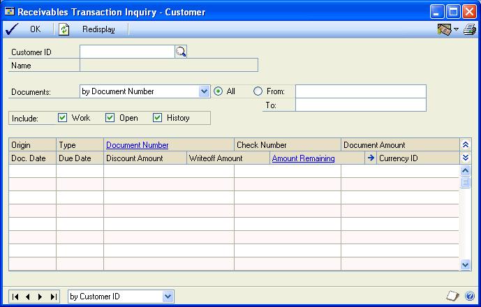 PART 3 TRANSACTION ACTIVITY To use the cross-module link: 1. Open the Receivables Transaction Inquiry - Customer window. (Sales >> Inquiry >> Transaction by Customer) 2.