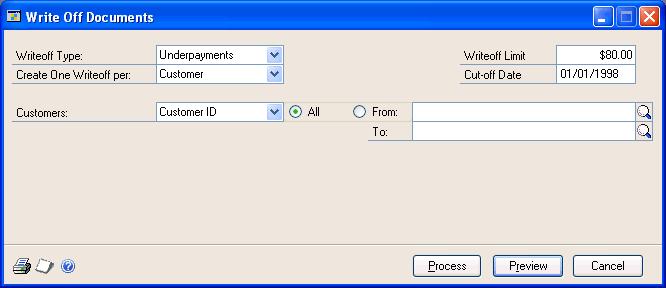 PART 3 TRANSACTION ACTIVITY To write off outstanding credit or debit amounts: 1. Open the Write Off Documents window. (Sales >> Routines >> Write Off Documents) 2.