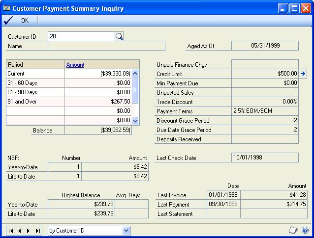 CHAPTER 24 CUSTOMER INQUIRIES To view a customer s payment information: 1. Open the Customer Payment Summary Inquiry window. (Sales >> Inquiry >> Payment Summary) 2. Enter or select a customer ID. 3.