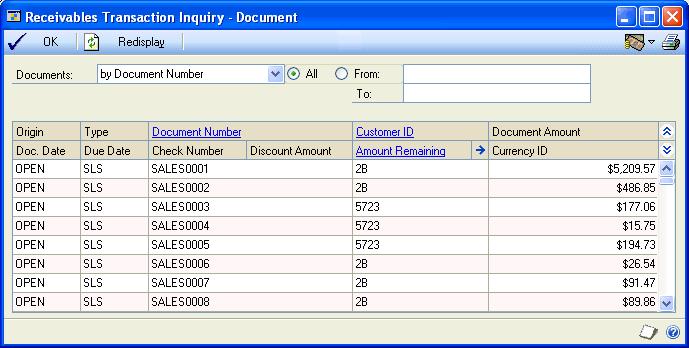 PART 4 INQUIRIES AND REPORTS To view transaction detail information: 1. Open the Receivables Transaction Inquiry - Document window. (Sales >> Inquiry >> Transaction by Document) 2.