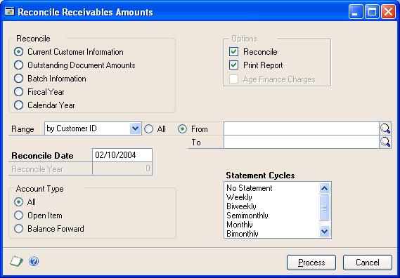 PART 5 UTILITIES AND ROUTINES To reconcile receivables amounts: 1. Open the Reconcile Receivables Amounts window. (Sales >> Utilities >> Reconcile) 2. Mark which information to reconcile.