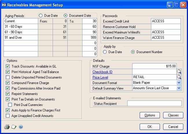 CHAPTER 1 RECEIVABLES MANAGEMENT SETUP If you didn t specify an e-mail address in the Receivables Management Setup window or if sending the status report by e-mail failed, Receivables Management will