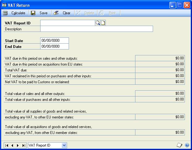 CHAPTER 29 MONTH-END CLOSING To print a VAT return: 1. Open the VAT Return window. (Administration >> Routines >> Company >> VAT Return) 2. Enter or select a report ID. 3. Enter a description. 4.