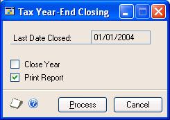 CHAPTER 30 YEAR-END CLOSING To close a tax year: 1. Open the Tax Year-End Closing window. (Administration >> Routines >> Company >> Tax Year-End Close) 2. Mark Close Year.