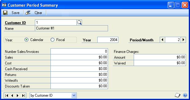 CHAPTER 8 CUSTOMER HISTORY Entering period summary history Use the Customer Period Summary window to enter historical amounts per period calendar or fiscal.