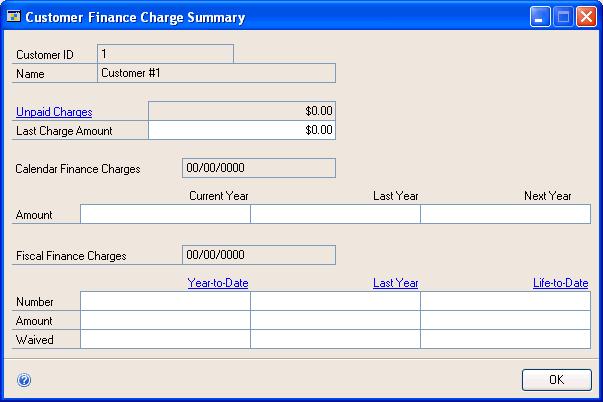PART 1 SETUP AND CARDS To enter finance charge summary history: 1. Open the Customer Finance Charge Summary window. (Sales >> Cards >> Summary >> Select a customer ID >> Finance Charges button) 2.