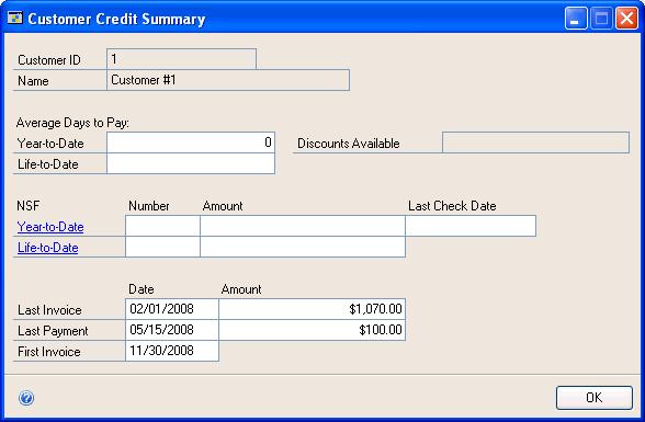 CHAPTER 8 CUSTOMER HISTORY To enter credit summary history: 1. Open the Customer Credit Summary window. (Sales >> Cards >> Summary >> Select a customer ID >> Credit Summary button) 2.