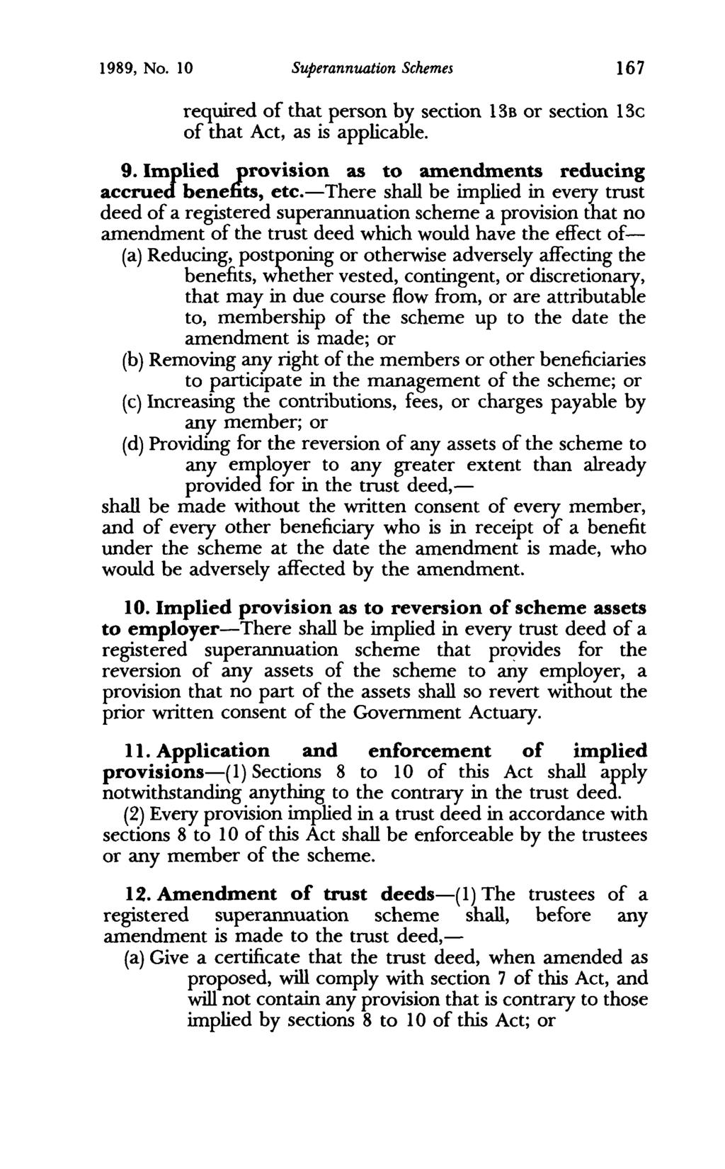 1989, No. 10 Superannuation Schemes 167 required of that person by section 136 or section 13c of that Act, as is applicable. 9. Implied provision as to amendments reducing accrued benefits, etc.