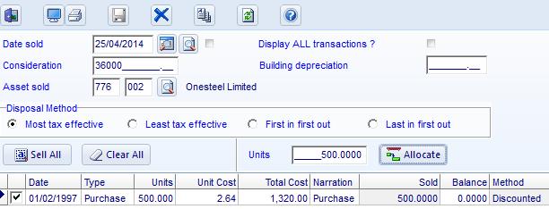 and Consideration from entries posted to the 491 Disposal of Investments Proceeds Account Highlight the 25/04/2014 - Sold OST and click Select.