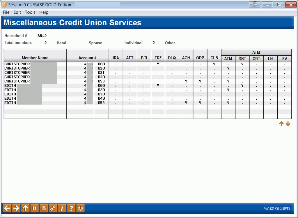 Miscellaneous Credit Union Services This screen gives a recap of all credit union products and services that are used by members of this household, including direct deposit services, Club membership,