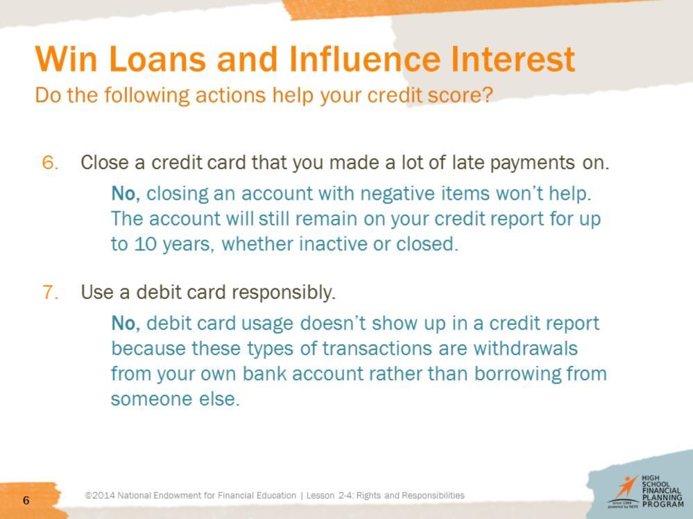 Click through slides 4-6 to review the types of actions that help a credit score. Ask students if they were surprised by any of the answers.