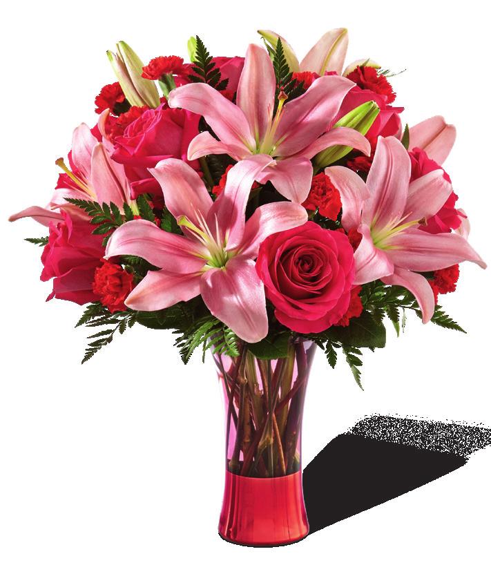 17"h x 14"w (43h x 36w cm) 18-V2 18-V2s 18-V2d 18-V2p 18-V2e The FTD Sweethearts Bouquet Red Mini Carnation stems