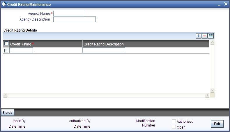 2.3 Maintaining Agency Details for Credit Rating You can maintain details regarding credit rating agencies in the Credit Rating Maintenance screen.