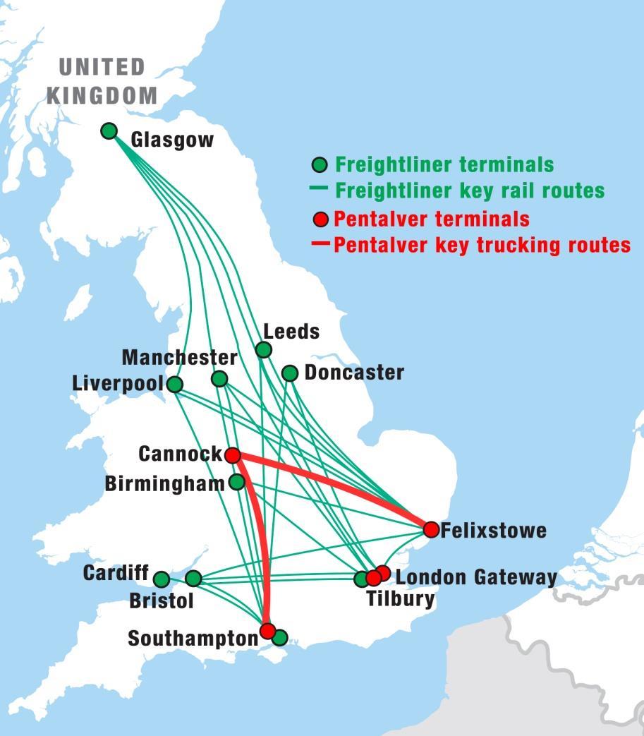 Pending Acquisition of Pentalver in United Kingdom Operates off-dock container terminals at the four major U.K. maritime seaports as well as an inland terminal in the Midlands Operations complement Freightliner U.