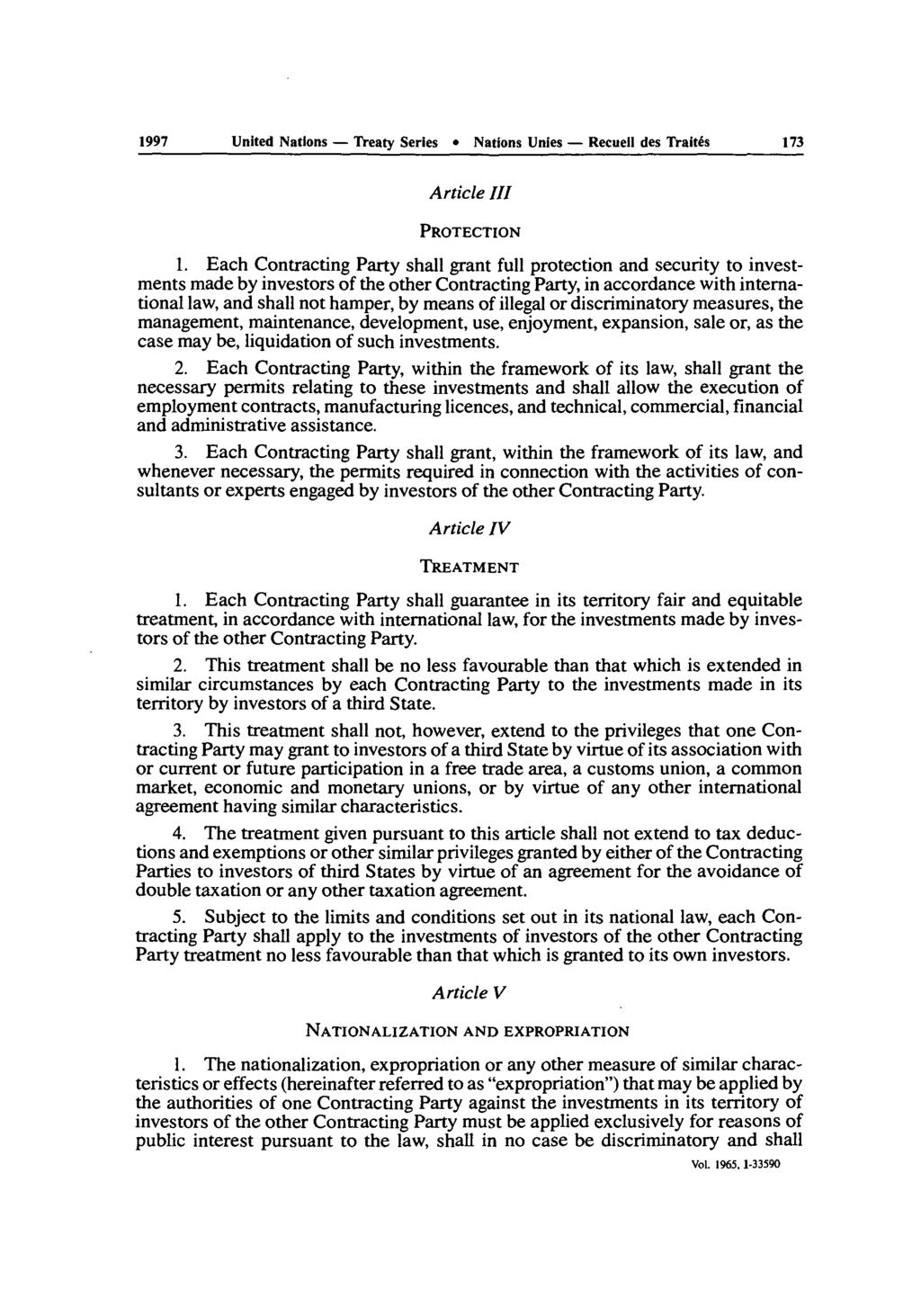 1997 United Nations - Treaty Series Nations Unies - Recuell des Traites 173 Article III PROTECTION 1.